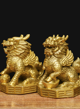铜麒麟摆件一对纯铜鎮宅招財家居摆件踩八卦麒麟摆设大号小号