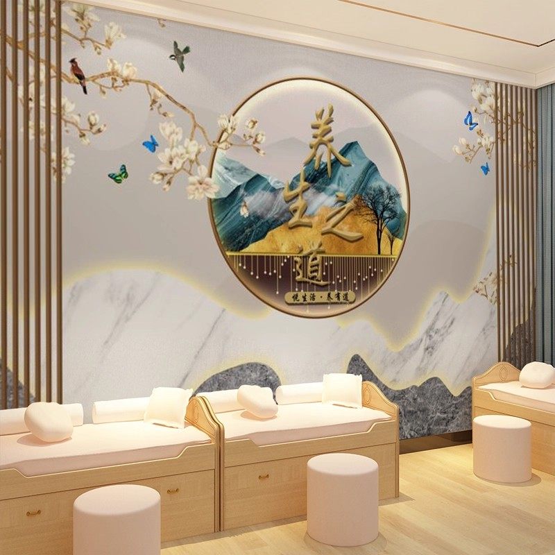 新中式养生会所壁纸足浴足疗壁布台形象墙头疗采耳馆前台背景墙纸,淘宝优惠券,粉丝福利购,淘宝优惠卷