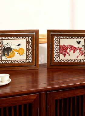 复古木质镂空花纹相框桌面摆件齐白石红叶葫芦图中国风装饰画框