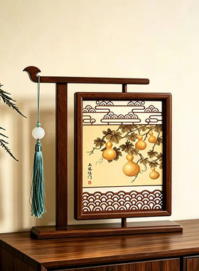 中式古典木质摆件客厅桌面工艺品梅花山水画茶室相框旋转摆台画