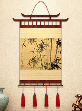 瑞鹤图中式竹帘挂画国潮风茶室餐厅装饰画客厅书房古典流苏挂轴画