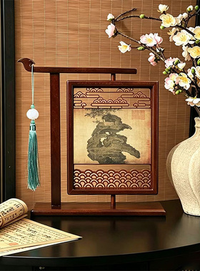 中国风装饰画客厅摆件复古花鸟挂画高级感工艺品相框旋转摆台画