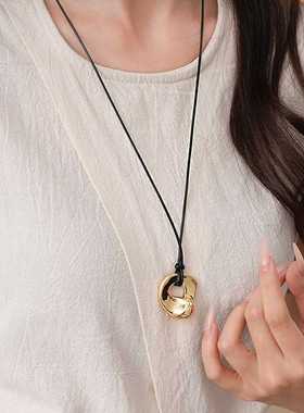 抽象几何不规则圆形可抽拉皮绳项链小众设计感锁骨链欧美跨境项饰