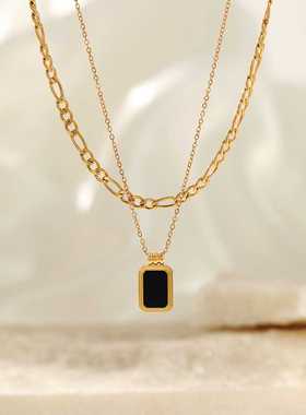 欧美简约双层方形吊坠不锈钢项链时尚小众设计感气质百搭古巴链女