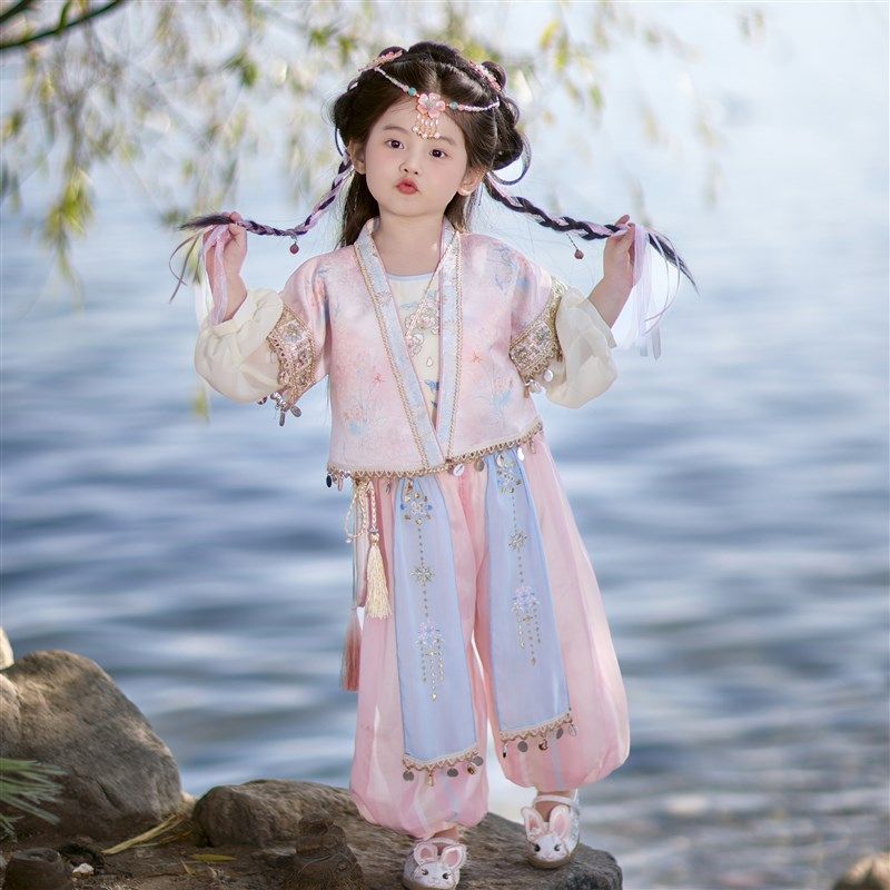 汉服女童2025春秋款儿童古风新中式国风套装小女孩上衣裤子三件套,淘宝优惠券,粉丝福利购,淘宝优惠卷