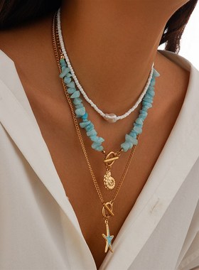 3件套海星仿松石米珠项链套装 夏季F时尚网红旅行拍照叠戴锁骨链