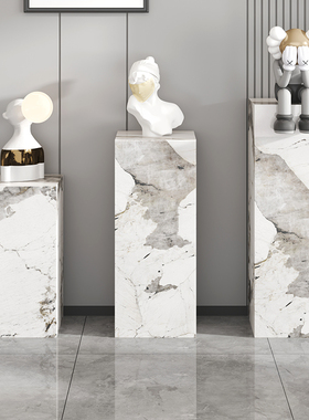 白色大理石底座客厅岩板电视柜旁落地石柱架摆台石墩雕塑台