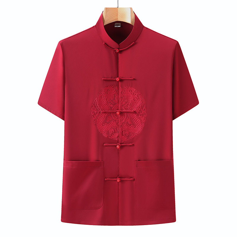 夏季薄款中老年男士红色唐装套装中式爸爸本命年大码短袖衬衫汉服,淘宝优惠券,粉丝福利购,淘宝优惠卷