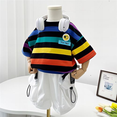 童装男童短袖t恤2025夏季新款宝宝G帅气时髦儿童半袖条纹上衣T恤 - 图0