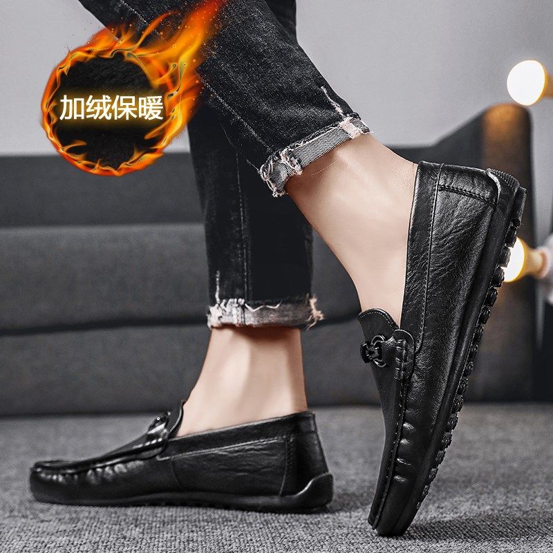 冬季男鞋商务休闲英伦一脚蹬黑色皮鞋开车豆豆鞋加绒保暖二棉鞋男,淘宝优惠券,粉丝福利购,淘宝优惠卷