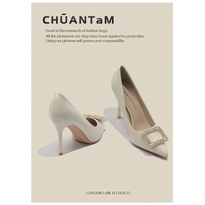 法式水钻方扣高跟宴会鞋女韩版新款小众设计气质尖头漆皮细跟单鞋,淘宝优惠券,粉丝福利购,淘宝优惠卷