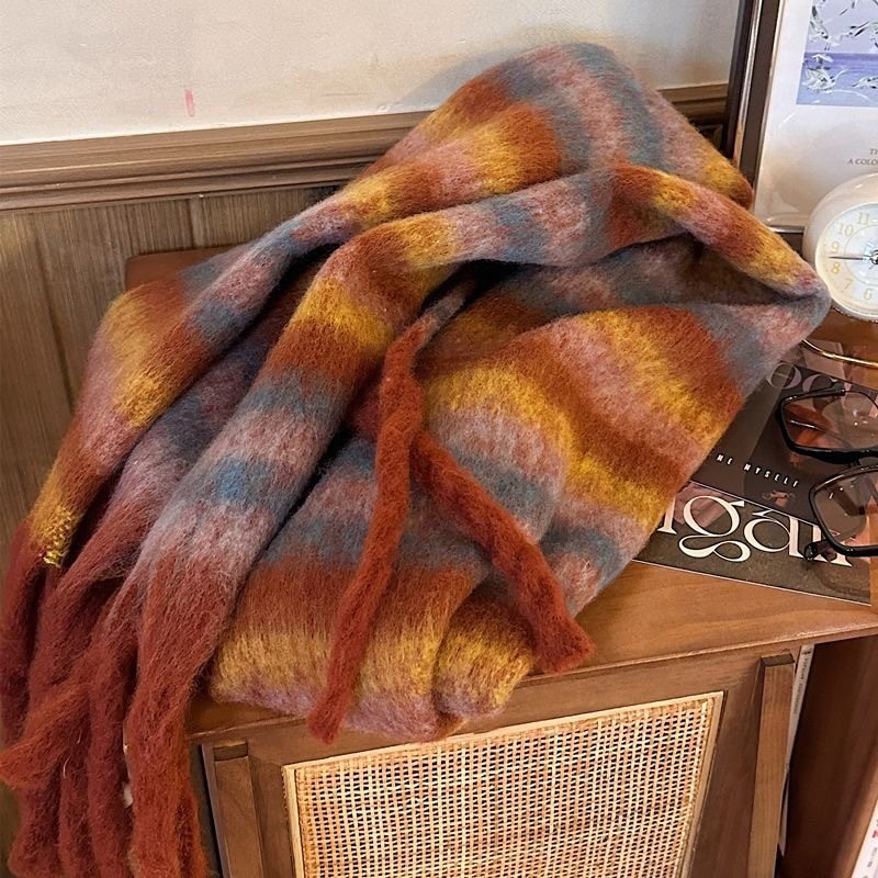 韩版条纹围巾冬季女生高级感拉毛彩色保暖围脖学生情侣款披肩两用,淘宝优惠券,粉丝福利购,淘宝优惠卷