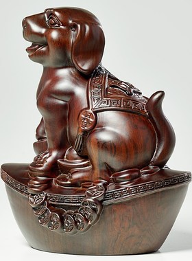 实木雕哈巴狗摆件中式可爱木质生肖狗工艺品客厅玄关酒柜犬装饰品