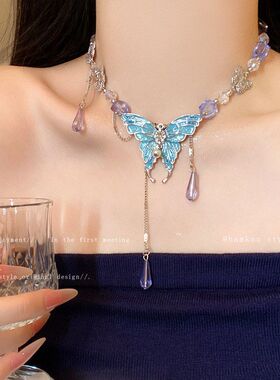 配饰女款ins风重工蓝色水晶锁骨