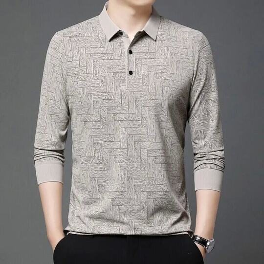 Men's trendy long-sleeved printed lapel POLO shirt versatile casual T-shirt base shirt