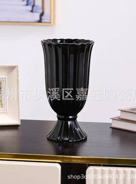 法式气质高级感大口径陶瓷黑色花瓶水培鲜花绿植摆件蝴蝶兰花盆