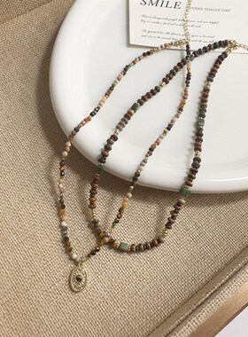 美拉德咖色虎眼石水晶串珠项链小众复古轻奢高级感时尚百搭锁骨链