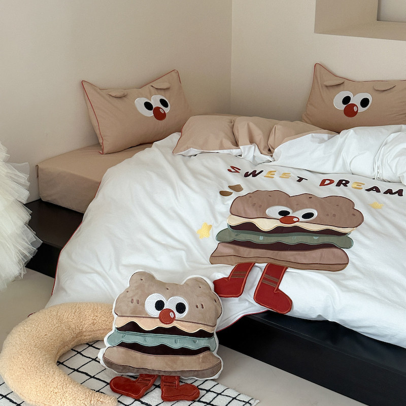 可爱汉堡包卡通刺绣全棉水洗棉C牀上四件套被套牀单宿舍三件套,淘宝优惠券,粉丝福利购,淘宝优惠卷