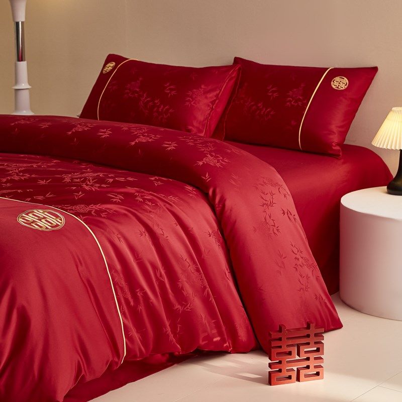 中式提花结婚四件套大红色被套床单新婚Q喜被婚庆床上用品,淘宝优惠券,粉丝福利购,淘宝优惠卷