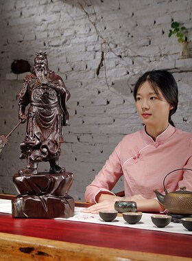 黑檀木雕关公像摆k件实木质雕刻武财神家居店铺装饰红木工艺品开