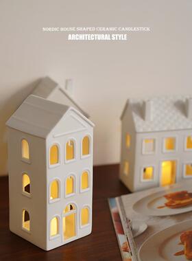 北欧一条街 出口丹麦简约房子造型陶瓷烛台 哑光建筑家居摆件高透