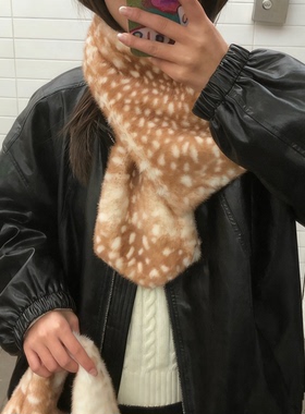 日系慵懒保暖毛毛围巾女冬高级感时仿鹿皮草围巾百搭毛茸茸围脖