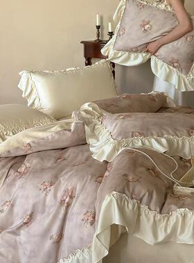 法式浪漫花边100S长绒棉床单四件套纯棉磨毛被套罩公主风床上用J^