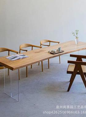 简约白蜡木双拼办公桌工作室家用亚克力实木工作台大板桌悬浮桌子