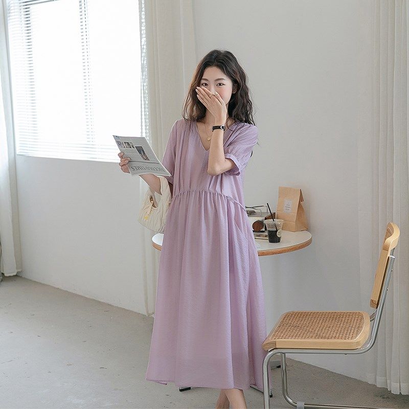 高级孕妇装夏装连衣裙紫色显白时尚法式气质长裙V领连身裙孕妇裙,淘宝优惠券,粉丝福利购,淘宝优惠卷