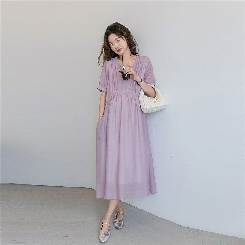 高级孕妇装夏装连衣裙紫色显白时尚法式气质长裙V领连身裙孕妇裙,淘宝优惠券,粉丝福利购,淘宝优惠卷