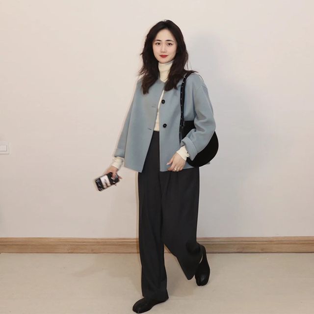High-end gentle style blue short woolen jacket for women in spring and autumn new Korean version of small person casual temperament