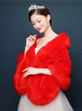 婚礼白色毛绒外套斗篷伴娘新娘礼服冬季伴娘毛披肩红色大码