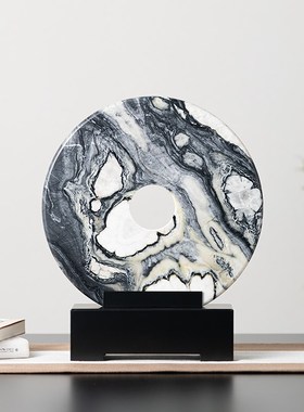 天然大理石同心圆玉扣摆件软装禅意茶室茶柜宋代书房玄关壁龛饰品