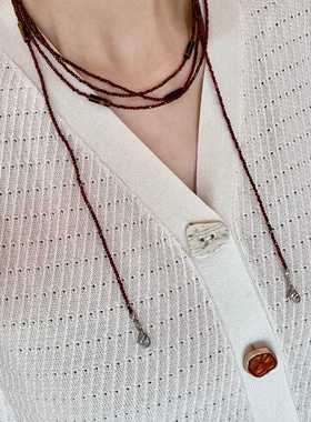 多层咖色水晶串珠长款项链choker虎眼石颈链小众时尚叠戴挂脖配饰