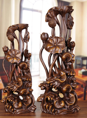 莲花鲤鱼摆件实木雕年年有余乔迁新家居礼品客厅T玄关柜新中式装