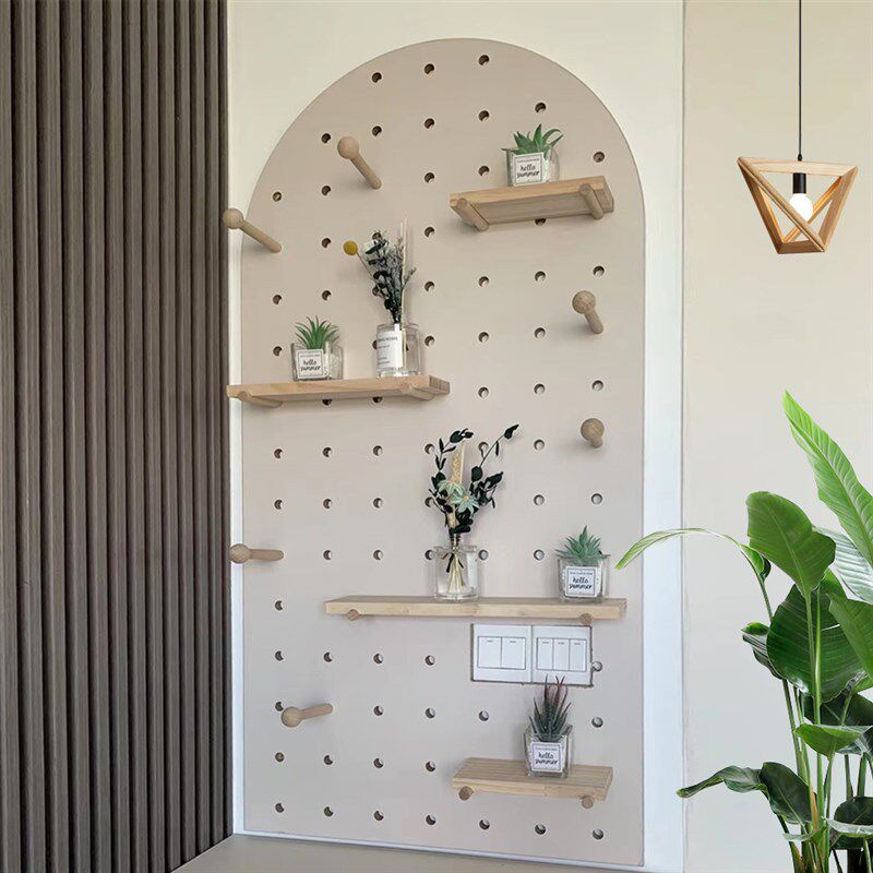 Round colored fan-shaped wooden perforated board storage rack on the wall Customized Nordic curved background decorative storage rack