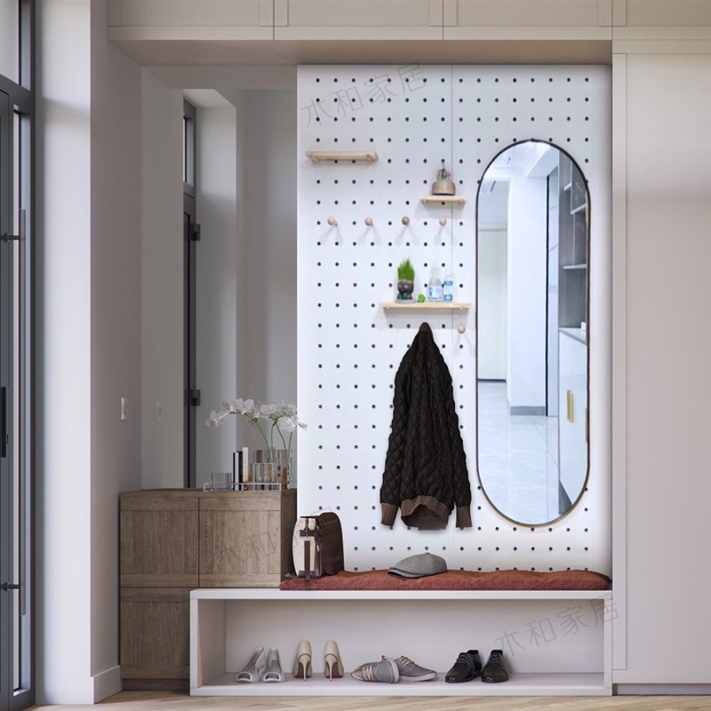 Round colored fan-shaped wooden perforated board storage rack on the wall Customized Nordic curved background decorative storage rack