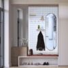 Round colored fan-shaped wooden perforated board storage rack on the wall Customized Nordic curved background decorative storage rack