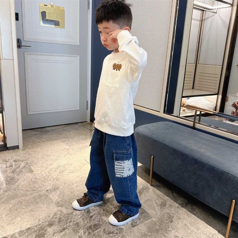 重工水洗字母绣花直筒牛仔裤大口袋潮款单宁裤子男女童松紧腰裤装,淘宝优惠券,粉丝福利购,淘宝优惠卷