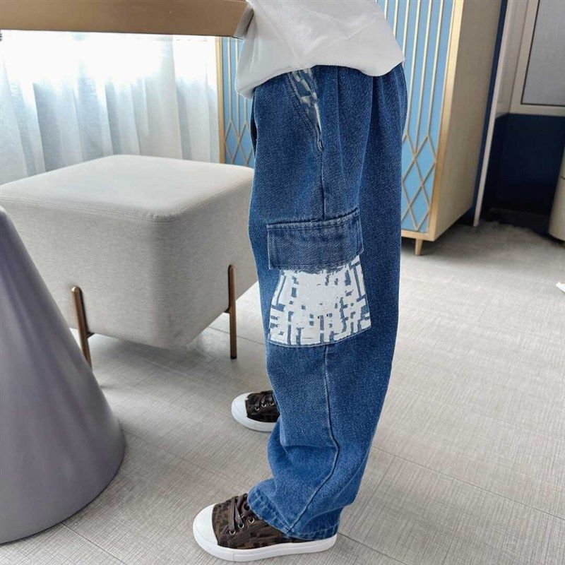重工水洗字母绣花直筒牛仔裤大口袋潮款单宁裤子男女童松紧腰裤装,淘宝优惠券,粉丝福利购,淘宝优惠卷