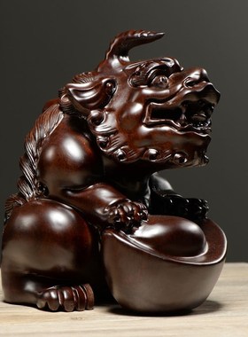 黑檀木雕獬豸摆件实木一对瑞兽家居客厅I办公室柜台摆设红木工艺