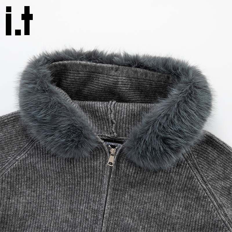 i.t GROUNDZERO韩系2025秋冬深灰色毛毛连帽长袖毛衣针织开衫女 - 图0