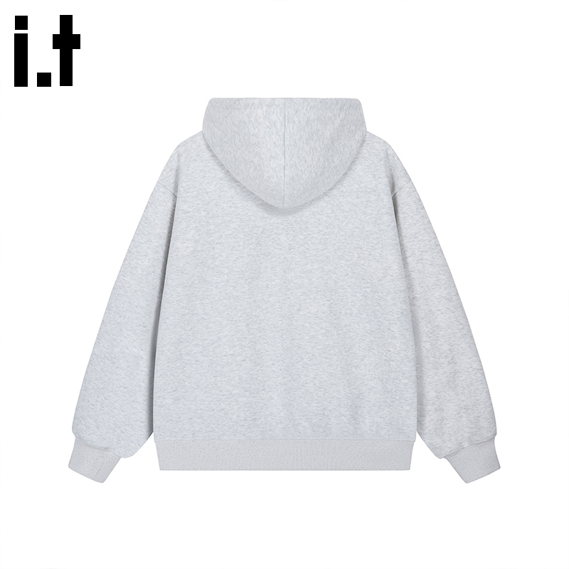 i.tGROUNDZERO2025秋冬加绒心形男女同款灰色连帽长袖卫衣上衣 - 图0