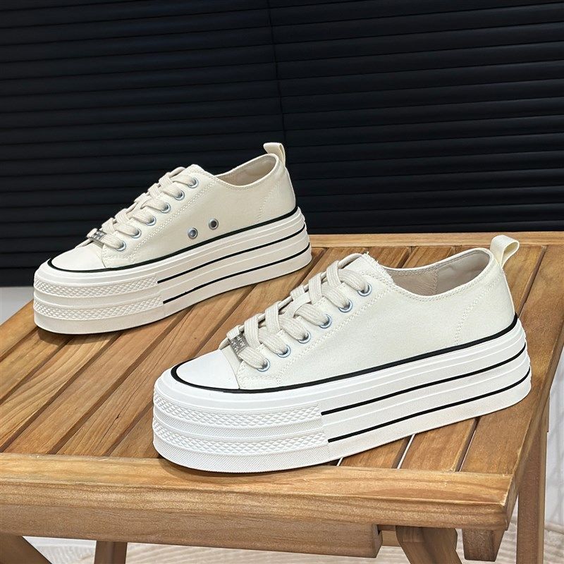 厚底帆布鞋女2025爆款时尚韩y版休闲经典布鞋松糕系带低帮透气板,淘宝优惠券,粉丝福利购,淘宝优惠卷