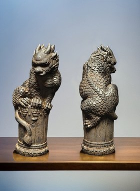 中式桌面茶宠茶台龙柱莲花底座鱼缸沉水造景书房高端工艺品