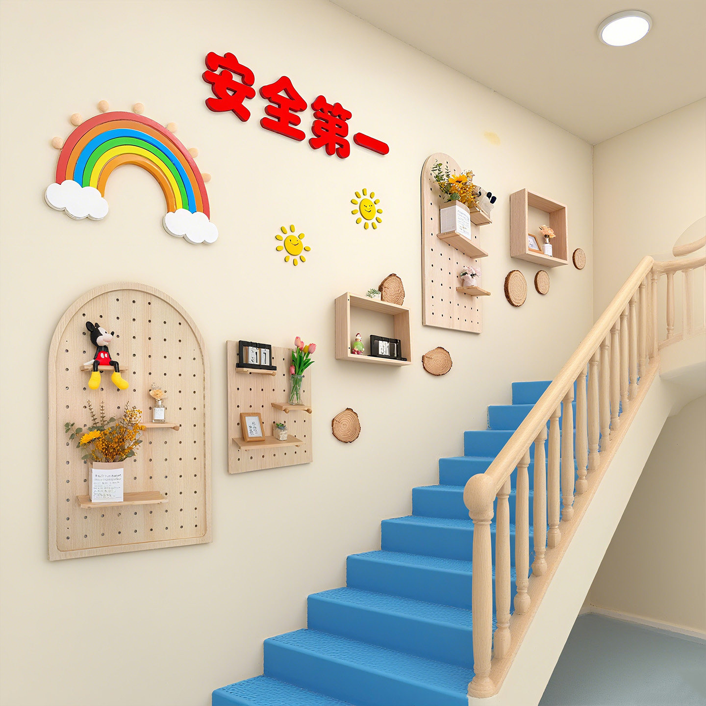 Kindergarten hole board custom-shaped environmental creation stairwell corridor aisle wooden simple decorative wall shelf