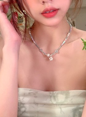 夏日彩色天然石珍珠小花串珠项链女轻奢高级感小众颈链配饰锁骨链