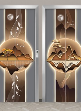 自粘加厚创意电梯门贴纸整张酒店入户门装饰画轻奢网红新中式贴画