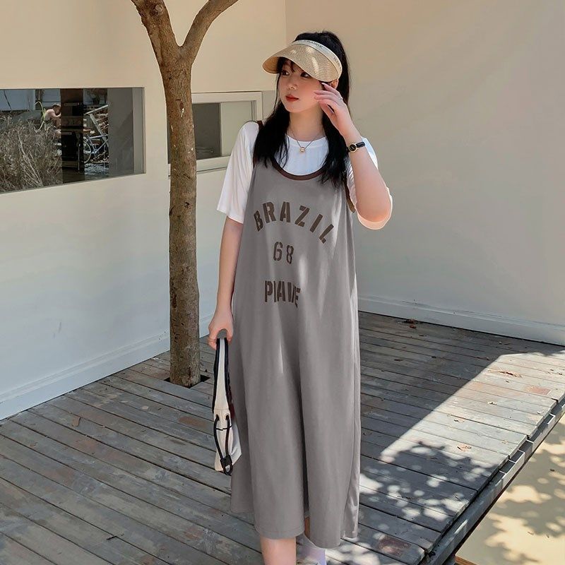 休闲连衣裙2023新款女夏220斤胖mm大码宽松运动风T恤吊带裙两件套,淘宝优惠券,粉丝福利购,淘宝优惠卷
