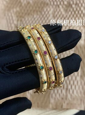 绝美手镯人间富贵花布契拉丝工艺奢华镶钻复古红宝石祖母绿贵妃镯